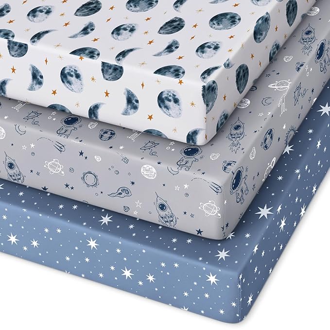 Pack and Play Sheets Fitted 3 Pack, Mini Crib Sheets for Pack N Play Mattress Stretchy Portable Playard Sheets, Soft Breathable Grey & Blue Moon