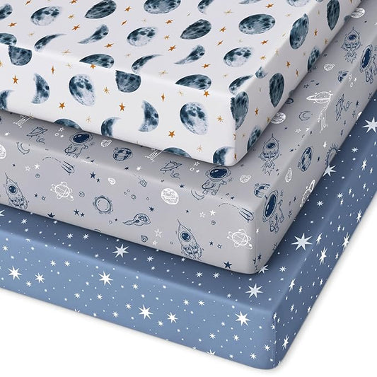 Pack and Play Sheets Fitted 3 Pack, Mini Crib Sheets for Pack N Play Mattress Stretchy Portable Playard Sheets, Soft Breathable Grey & Blue Moon