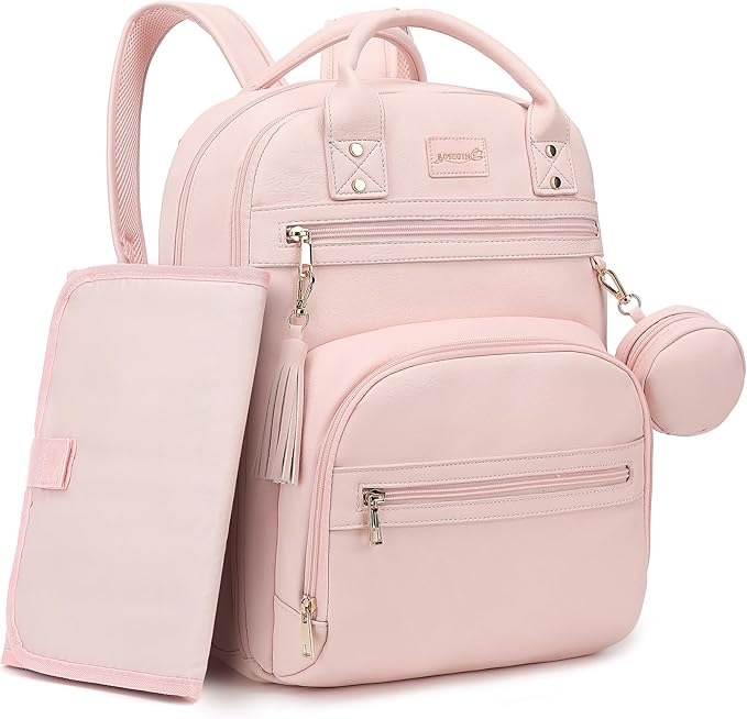 Premium Vegan Leather Diaper Bag Backpack with Waterproof Changing Pad, Reinforced Zippers & Odor-Free, 20 Pockets Pro Organizer, Fits 15.6" Laptop, Stroller Straps, Baby Bag for Mom, Pink
