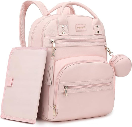 Premium Vegan Leather Diaper Bag Backpack with Waterproof Changing Pad, Reinforced Zippers & Odor-Free, 20 Pockets Pro Organizer, Fits 15.6" Laptop, Stroller Straps, Baby Bag for Mom, Pink