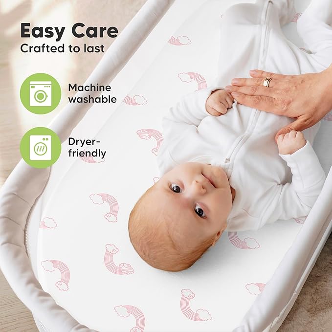 2-Pack Organic Bassinet Sheets for Girls, Boys - 100% Cotton Bassinet Mattress Sheets Compatible with Halo Bassinest Swivel Sleeper, Graco,Baby Delight,Chicco,Unisex Fitted Bassinet Sheets (Dreamland)