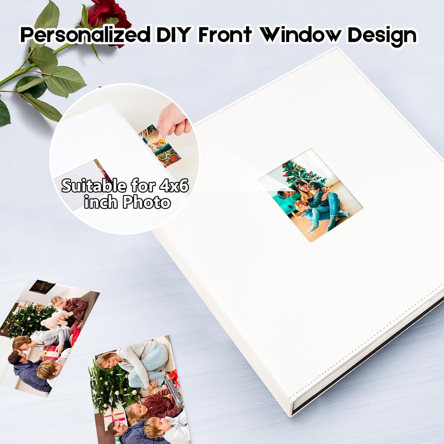 Aevdor 1000 Pockets Photo Album 4x6, Extra Large Capacity Leather Cover Wedding Family Picture Book Holds 1000 Horizontal and Vertical Picture, Acid-free Pages 4x6 Photo Album with Front Window, White