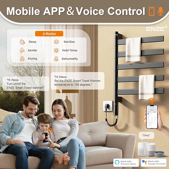 ENZE Smart Rotating Heated Towel Rack for Bathroom, Wall-Mounted Electric Towel Dryer with Swivel Bars, Smart Timer, Low Carbon Steel, IPX5, Plug-in/Hardwired, Towel Warmer with Wi-Fi App Control