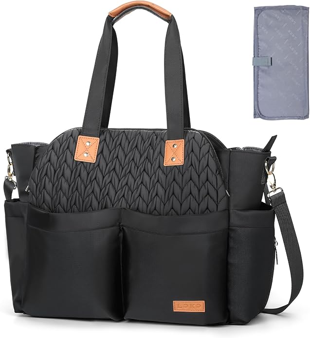 Lekebaby Diaper Bag Tote, Large Diaper Bags Waterproof,Large Mommy Bag Tote Bag Handbag Pink Travel, Black and Beige
