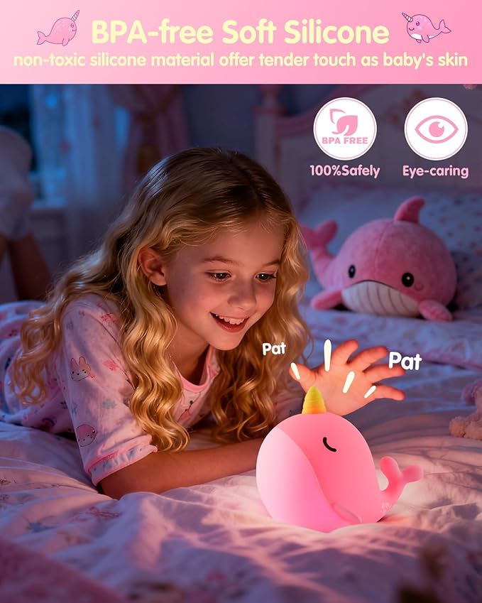 Fuloon Narwhal Night Light with Whale Shape, Squishy Silicone Kids Lamp, Safe & Soothing Touch Control for Kids and Babies, USB-C Rechargeable, 30-Min Auto Timer, Gift Idea (Pink)