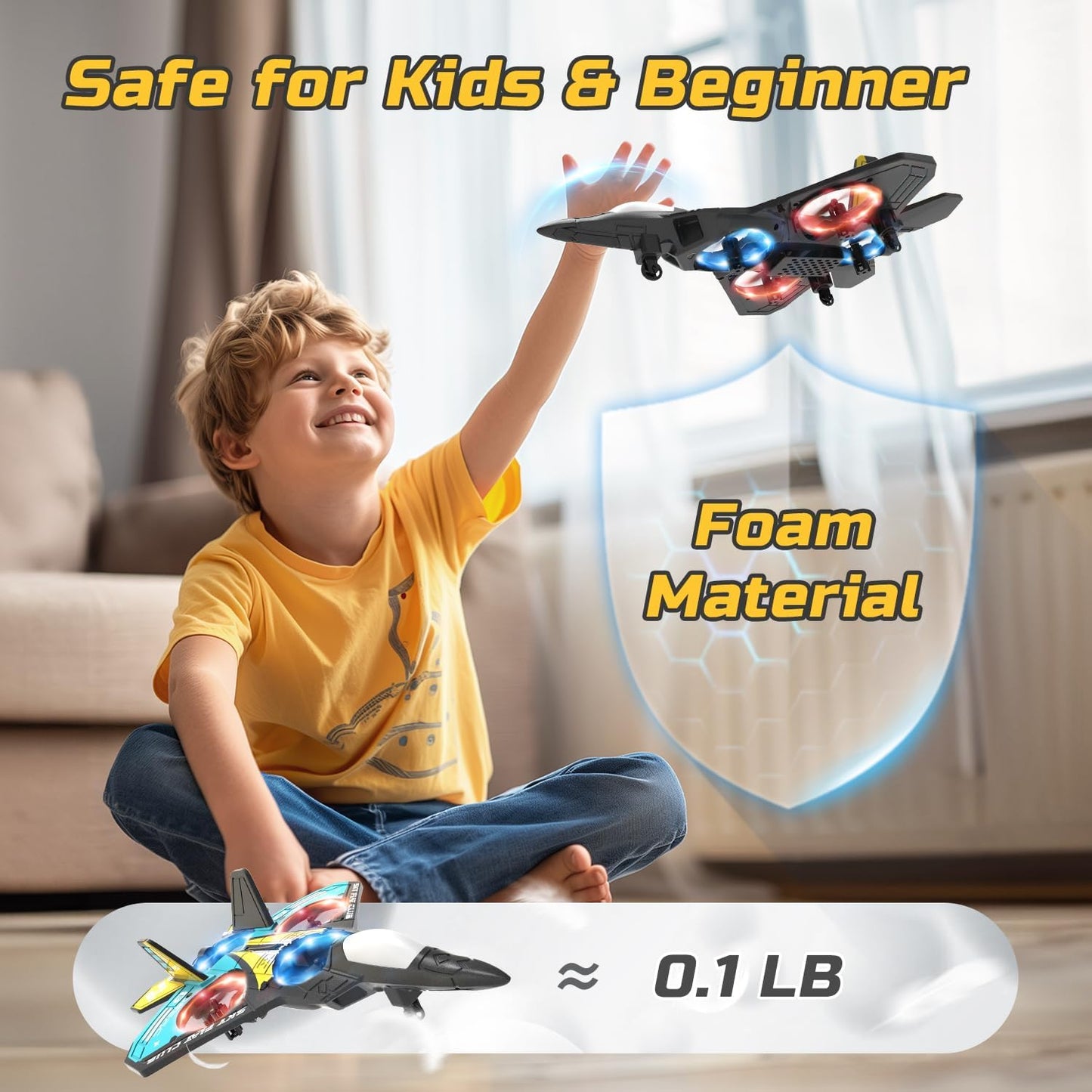 Foam RC Plane Drone for Kids, Remote Control Airplane Fighter Jet with LED Light, Auto Hover, 360°Flip, 2 Batteries (16 Mins Flight), Easy-to-Fly Helicopter Toy for Beginners