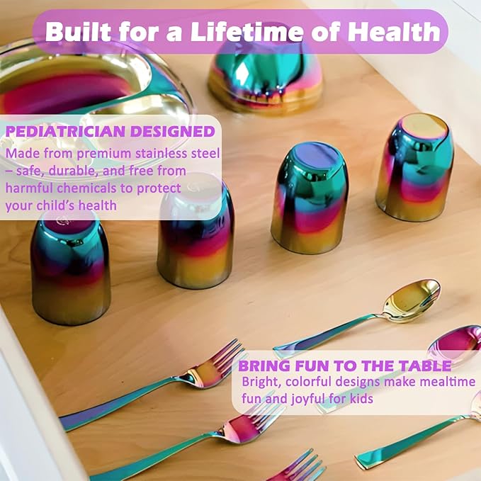 6pc Stainless Steel Kids Plates Set with Fork & Spoon, 2 Piece Divided Non-Toxic Stainless Steel baby Plates & Bowls, Pediatrician Designed, Dishwasher Safe Kids Utensils and Glass (Rainbow)