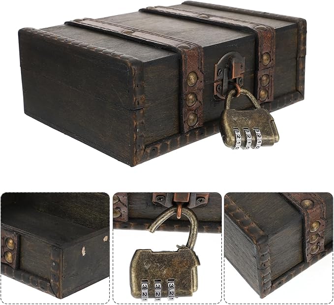 Veemoon Wooden Treasure Chest Box with Lock, Retro Pirate Jewelry Box Antique Cosmetic Storage Case Portable Chest with Hinged Lid Lock for Jewelry Cosmetic Photography Party Decoration (6 * 4.6")