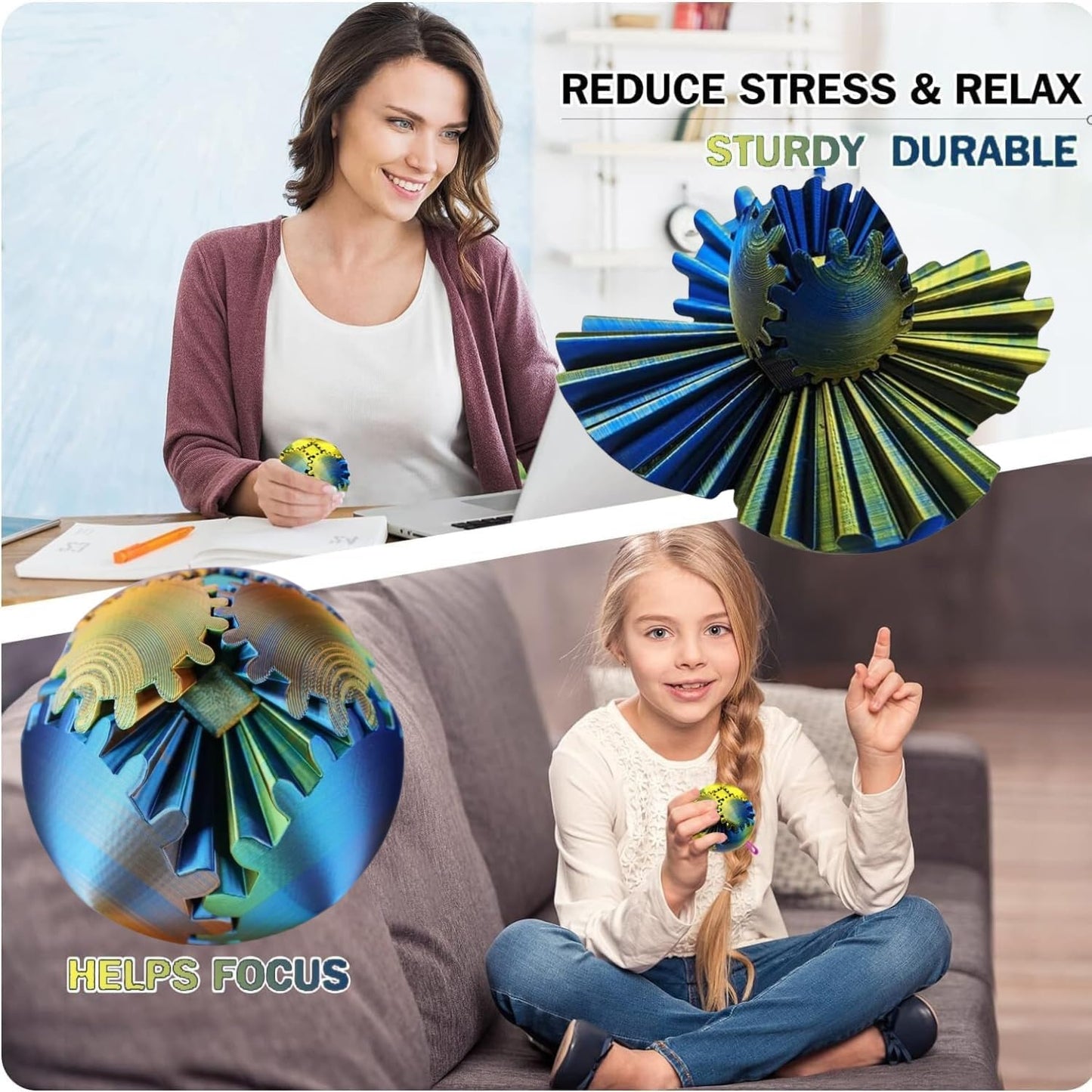 Gear Ball, 4.2in 3D Printed Gear Ball Spin Ball Cube Fidget Toys, Gear Sphere, Gear Balls Fidget Toy, Stress Ball, GearSphere Desk Toy, Fidget Balls, Gear Toy for Anxiety Relaxing (Laser Blue Gold)