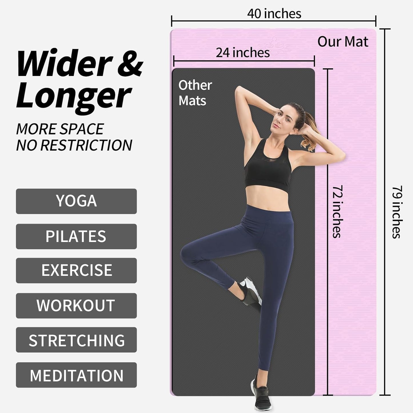 Hatha Yoga Extra Long TPE Yoga Mat 79" x 40” x 1/2" Thick Non-slip Exercise Mat for Home Gym Use, Yoga, Pilates, Fitness & Workouts