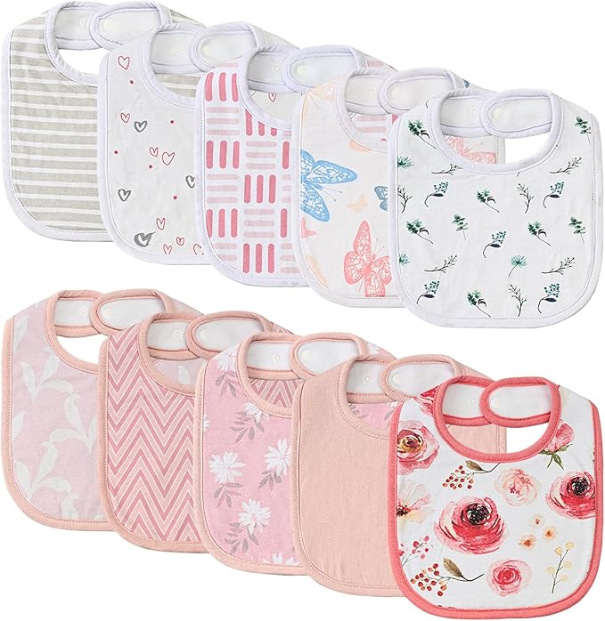 10 Pack Cotton Snap Bibs for Baby Boy Girl, Super Soft Drool Bibs for Teething and Feeding
