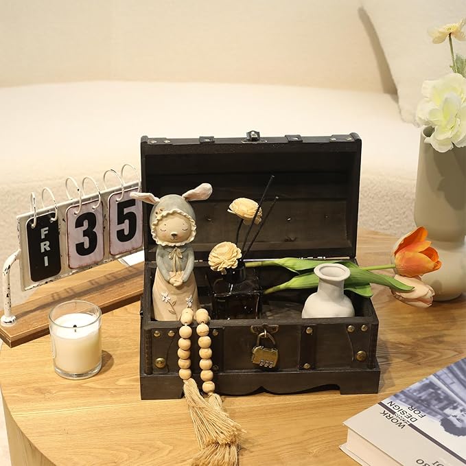 Vintage Wooden Treasure Chest Decorative Box with Lock - 12.2" x 7.1" x 7.1", Black