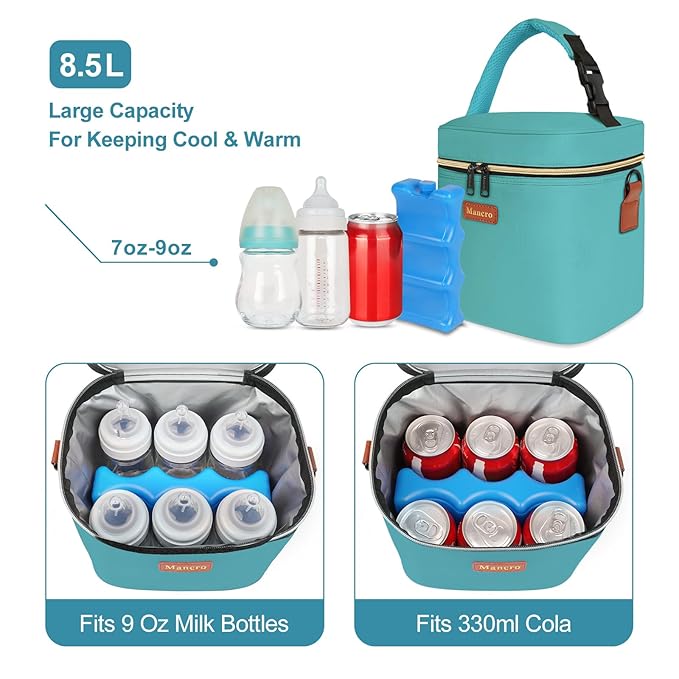 Breastmilk Cooler Bag with Ice Pack, Mancro Insulated Baby Bottle Tote Bag Fits up to 6 Bottles of up to 9 Ounces, Baby Bottle Bag for Nursing Mothers, Green