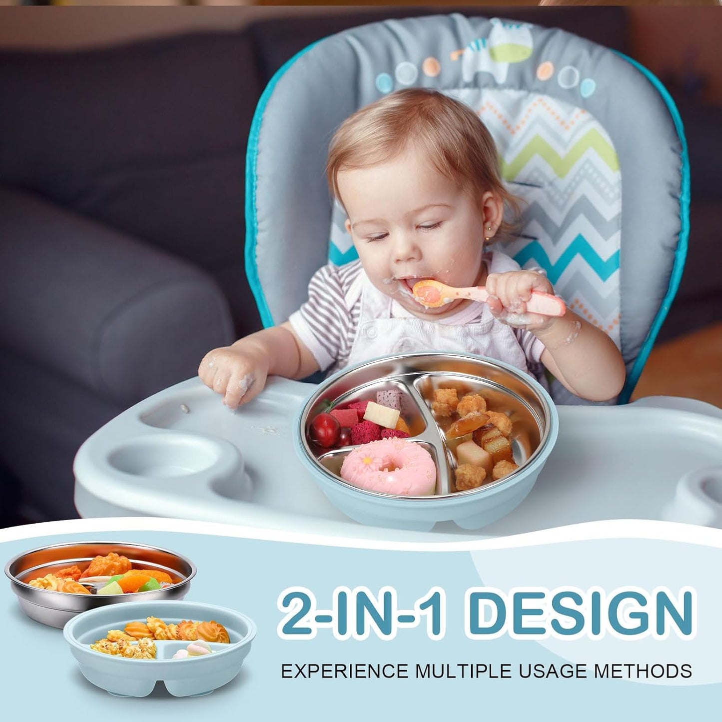Nuogo 1 Pcs Stainless Steel Baby Suction Plates with Removable Silicone Shell 2-in-1 Metal Toddler Bowl Divided for Picky Eaters Kids Feeding Led Weaning Supplies, Dishwasher Safe (Light Blue)