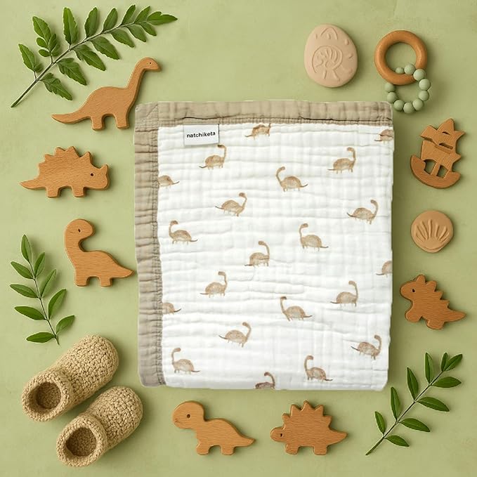 Organic Cotton Muslin Baby Blanket for Boys & Girls - Luxurious Soft Toddler Quilt for Swaddling - Gender Neutral Blanket - Baby and Toddler Gift - Dinosaur