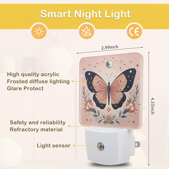 Butterfly Night Light, Boho Butterfly Flower Plug-in Wall Led Night Lights Decor for Boys Girls Room Decor,Nightlights with Light sensors 0.5W