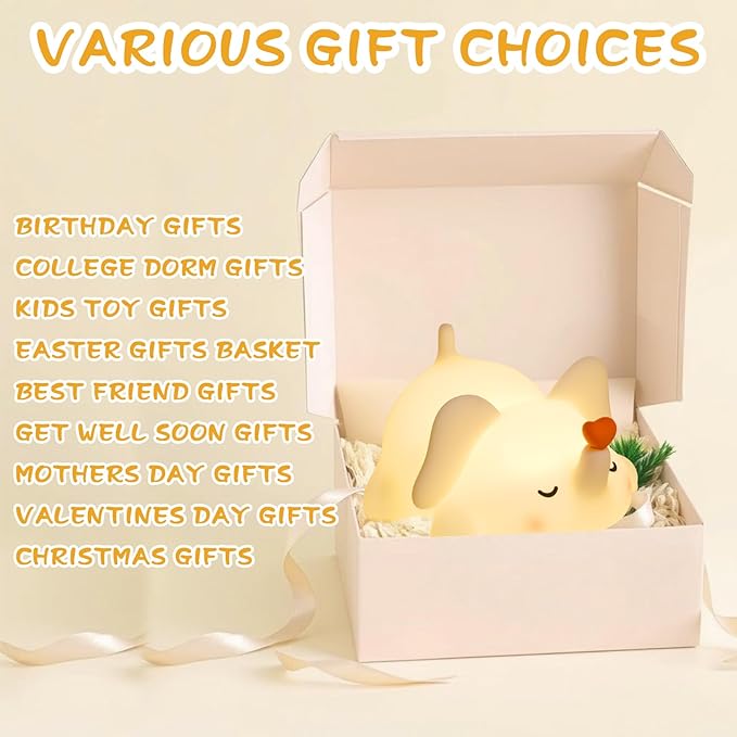 Elephant Night Light for Kids - Squishy Silicone Nursery Lamp, Cute Animal Night Light with 3-Level Dimmable & Rechargeable Battery for Baby Nursery, Bedroom