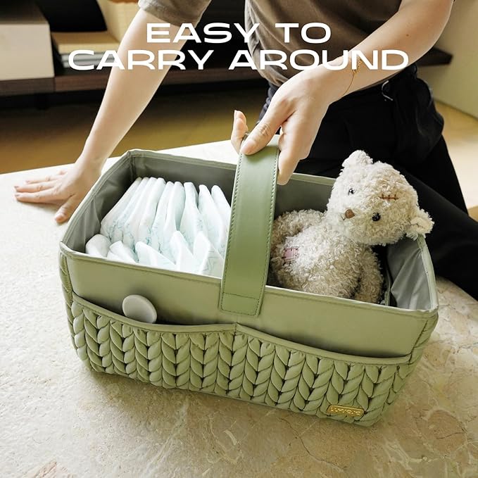 Luxurious Baby Diaper Caddy, Nursery Storage Basket for Newborn Essentials, Travel Baby Basket for Diapers Baby Wipes, Organizer Tote Bag Storage Bin, Baby Shower Gifts(Sage Green)