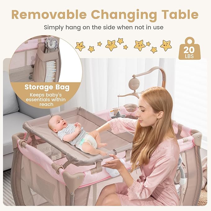 Costzon 3 in 1 Pink Pack and Play with Bassinet, Portable Baby Playard with Changing Table, Music Box, Whirling Toys, Wheels/Brake, Basket, Bag, Foldable Infant Pink Bassinet for Baby Girl Toddlers