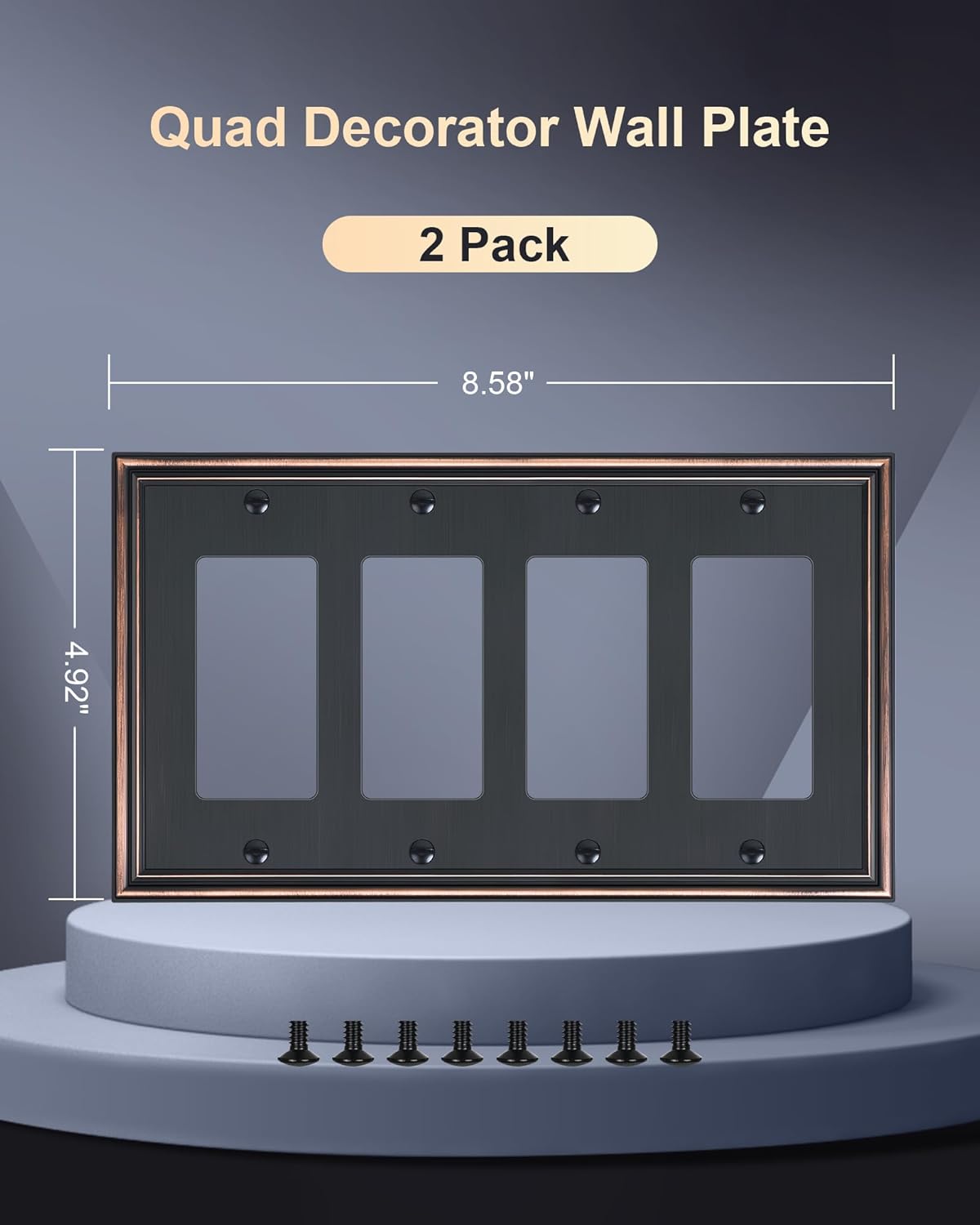 2-Pack Quad Decorator Outlet Cover Plate, Zinc Alloy Decorative Aged Bronze Switch Plates and Outlet Covers, 4 Gang Wall Plates for Electrical Outlets, Receptacle, GFCI Outlet, Dimmer Switch