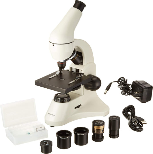 AmScope M120C-2L-PB10-E1 Digital Compound Monocular Microscope, WF10x and WF25x Eyepieces, 40x-1000x Magnification, Brightfield, Upper and Lower LED Illumination, Plain Stage, Includes Blank and Prepared Slides, 1.3MP Camera and Software