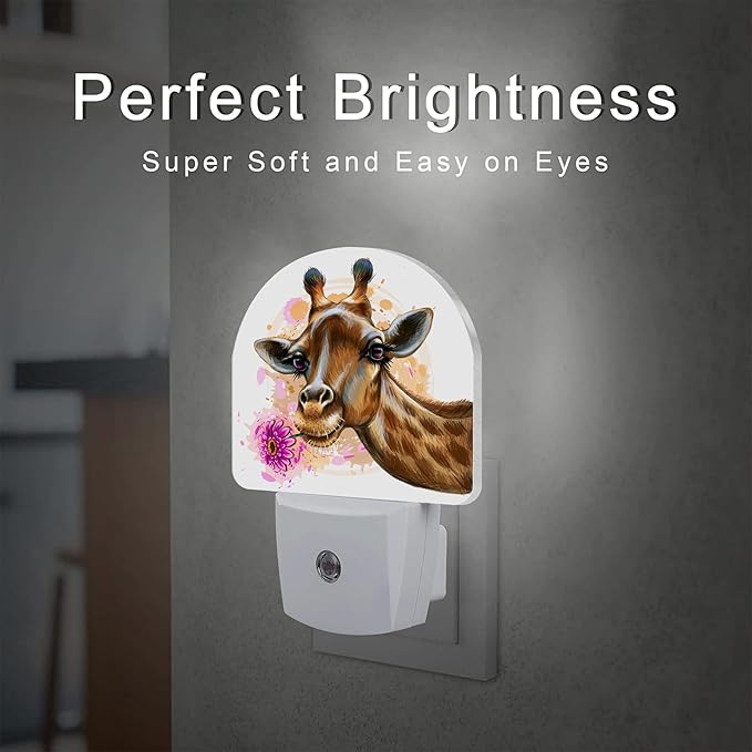 Cute Giraffe Bite A Flower Night Light, Watercolor Wild Animal Floral Dusk to Dawn Night Light Plug in,0.5w Energy Saving Sleep Friendly NightLight for Kids Boys Girls Home Decor