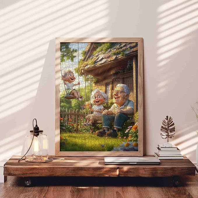 1000 Piece Jigsaw Puzzle for Adults Students Cute Old Couple Sitting On Porch with Boy Swinging in Garden Puzzles Sunny Day Nature Scene Colorful 20×27 Inches Relaxing Educational Jigsaws Game