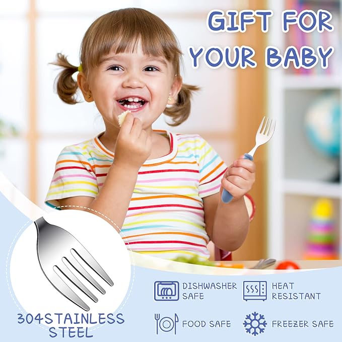 Chumia 9 Pieces Stainless Steel Toddler Forks, Kids Safe Utensils Set Baby Kids Self Feeding Training Cutlery with Round Handle, Stainless Steel Metal Flatware for Children Boys Girls, Dishwasher Safe