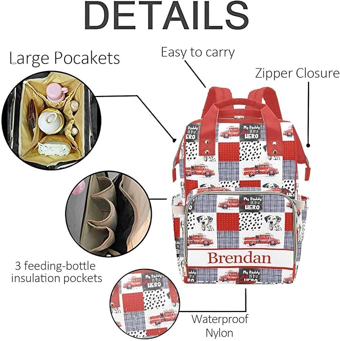 Fire Truck Personalized Diaper Bag with Custom Name – Custom Baby Tote Backpack for Mom, Unique Gift for New Parents, Baby Shower Essentials