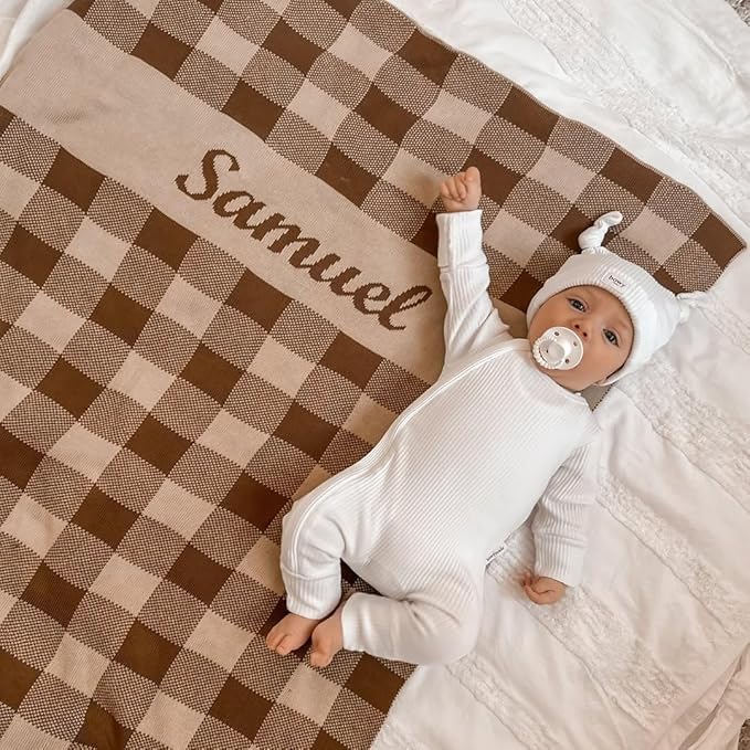Personalized Gingham Name Blanket – 100% Cotton Baby Blanket, Gingham Band Design, Customized with Name, Boys and Girls, Bassinet and Crib, Gift for Baby, Newborn, Toddler or Kids (Bassinet)