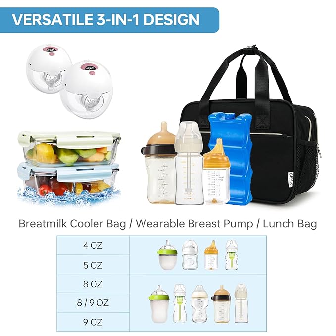 Breast Milk Cooler Bag with Ice Pack,Fits 6 Baby Bottles Up to 9 Ounce Breast Milk Cooler Travel Bag Compatible with Wearable Breast Pumps & Accessories for Nursing Mom Daycare Black
