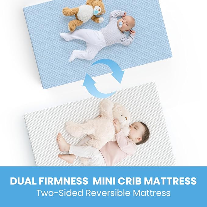 Mini Crib Mattress, 38x24X4 Inch Dual Sided Comfort Gel Memory Foam, Breathable Premium Baby Mattress for Mini and Portable Cribs w/Removable Outer Cover - White&Blue