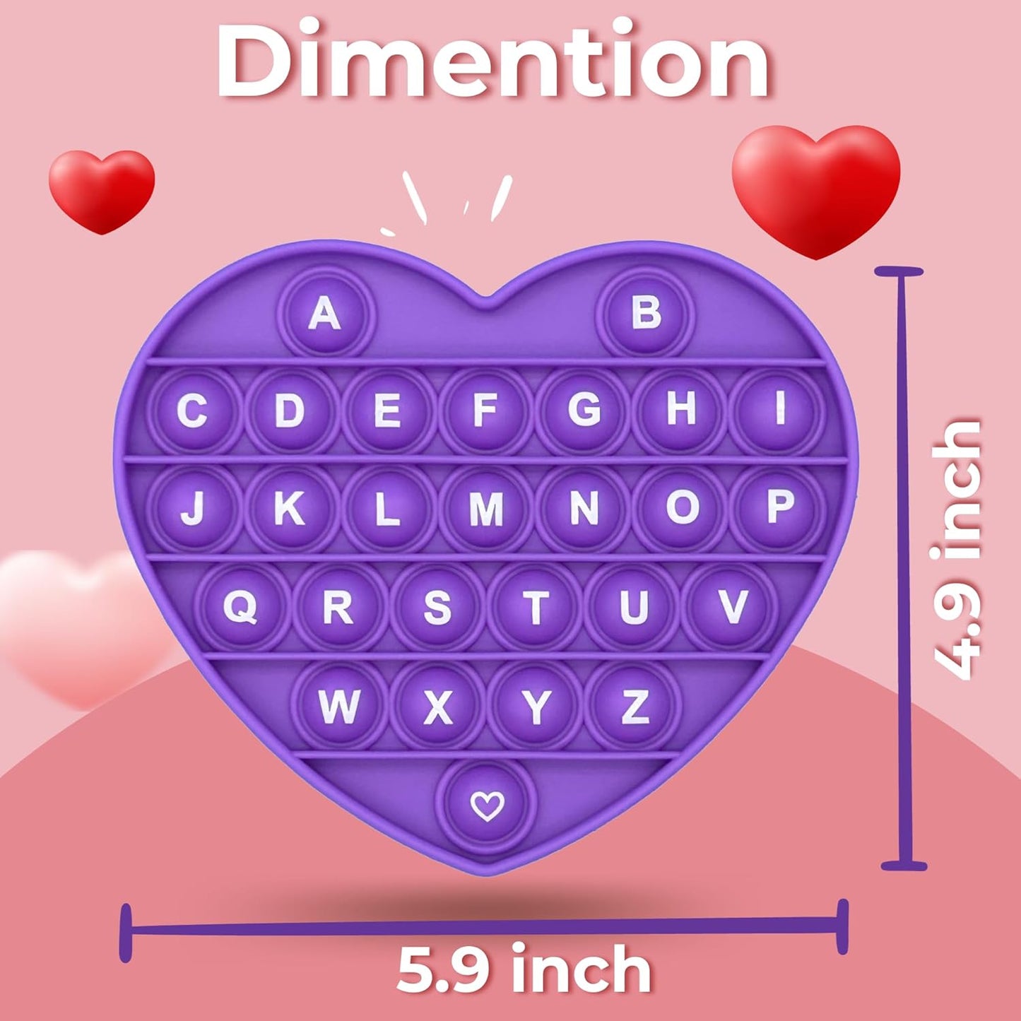 Purple Heart Shaped Pop Bubble Valentines Fidget Toy with Letters and Numbers, Xmas Gift Sensory Toy with Alphabets Kids Birthday Party Classroom Prize Stress Reliever