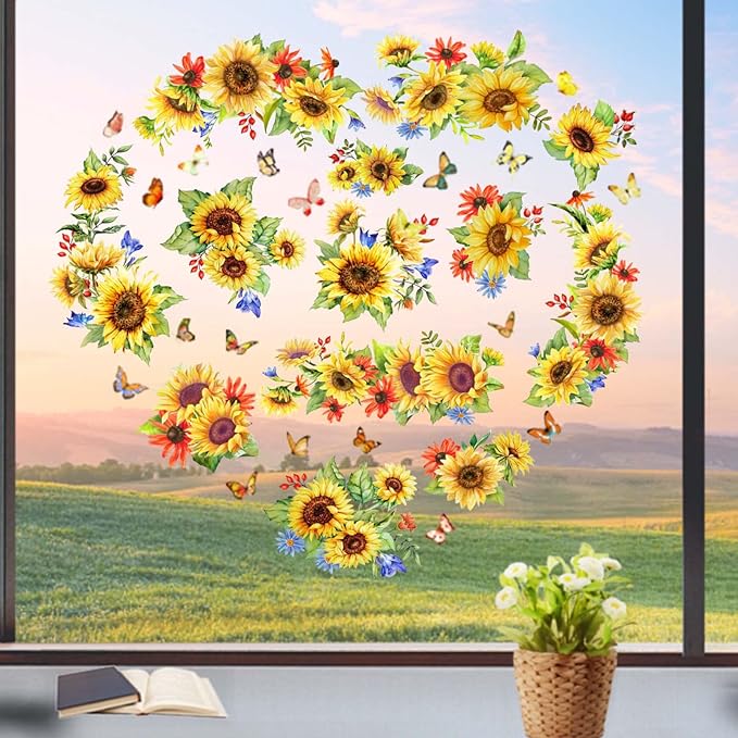 Sunflower Window Decals & Clings - Spring & Fall Decorations for Bedroom, Nursery, Living Room - Birthday Parties & Holidays