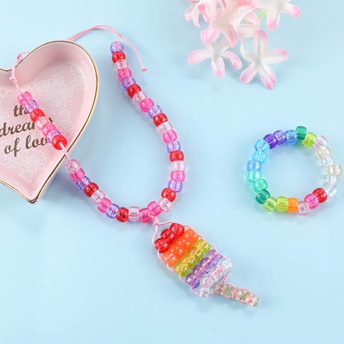 2600+pcs Pony Beads Kit Rainbow Glitter Plastic Beads Multicolor Pony Bead Bulk with Elastic String, Hair Bead for Braids DIY Crafts Jewelry Making Kit for Bracelets Necklaces