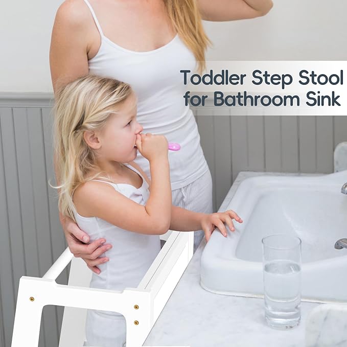 4 in 1 Kitchen Toddler Step Stool, Foldable Learning Toddler Standing Tower with Double-Sided Whiteboard, Wooden Kitchen Stool Helper for Kids 1.5 to 5 Years Old,Bathroom Sink Counter