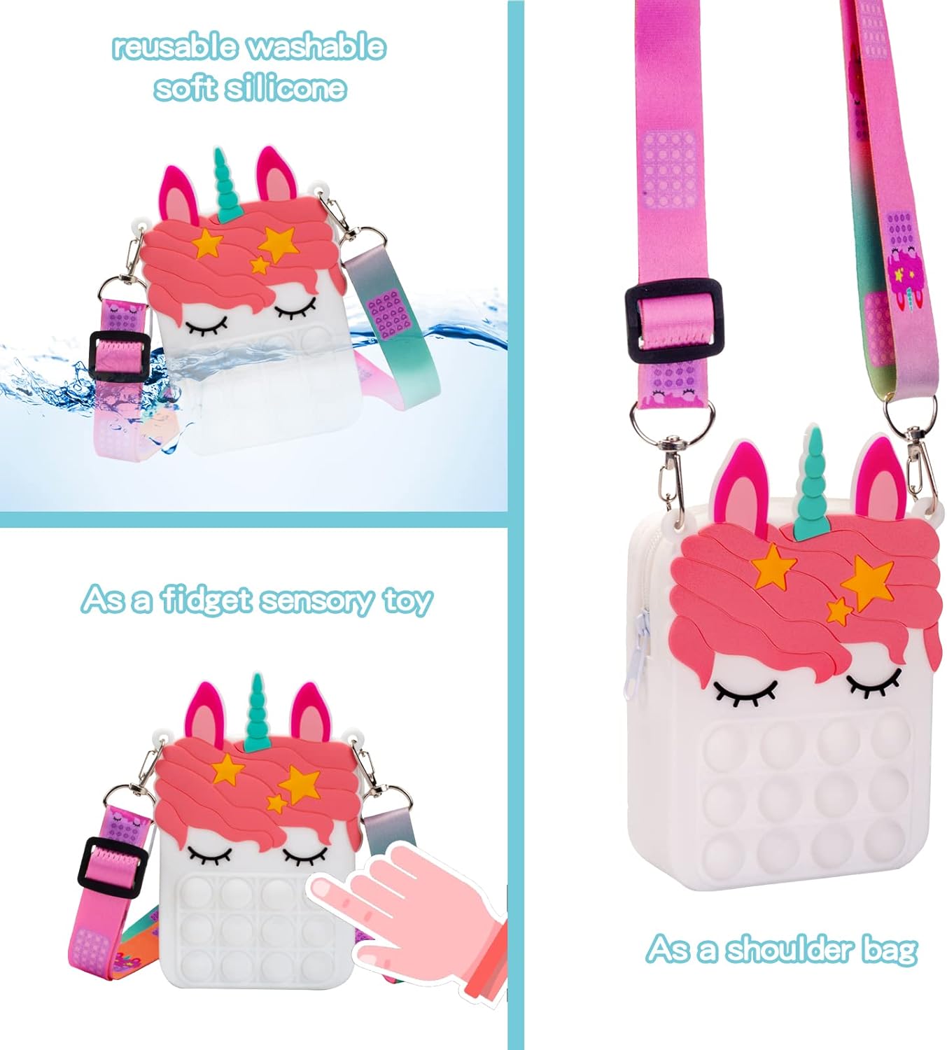 White Pop Purse for Girls Kids, Pop Fidget Toy Purse Bags, Fidget Purse, Girls Unicorn Purse Sensory Silicone Pop Fidget Backpack Toy Girls Handbag Shoulder Bag Party Xmas Favor Gift Unique