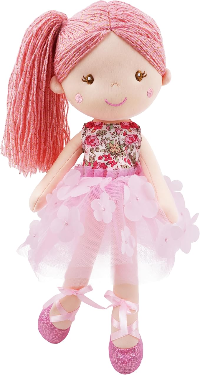 June Garden 15" Ballerina Plush Doll Rosalie - Soft Pink Hair Doll in Floral Dress & Tulle Skirt with Ballet Shoes - Gift for Girls & Toddlers