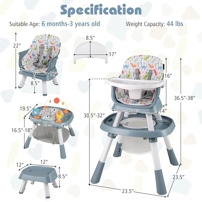 KOTEK 16 in 1 Convertible High Chair, Baby Highchair & Activity Center with Toys, Booster Seat, Building Block Table, Toddler Chair with 5-Point Harness, Removable Tray & Cushion (Blue)