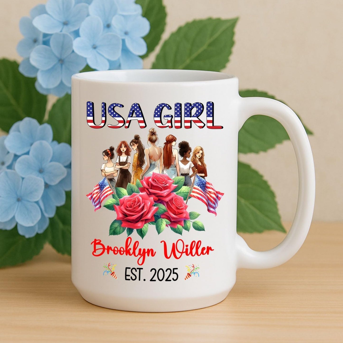 Customized USA Girl Coffee Cup Gift For Women Mom Sister US Citizenship, Lovely American Girl White Coffee Mug, Personalized Name And Year On American Citizen Mug, Citizenship Celebration Cup 11 15Oz