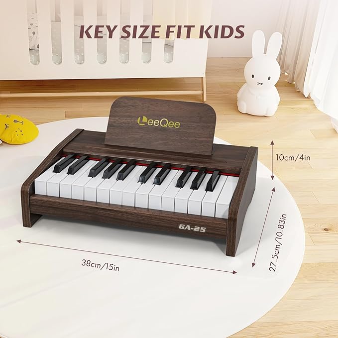 LeeQee 25-Key Wooden Electronic Piano Keyboard for Kids - Educational Music Toy with Realistic Sound, Dual Power Supply & Learning Accessories - Perfect Toddler Learning Gift