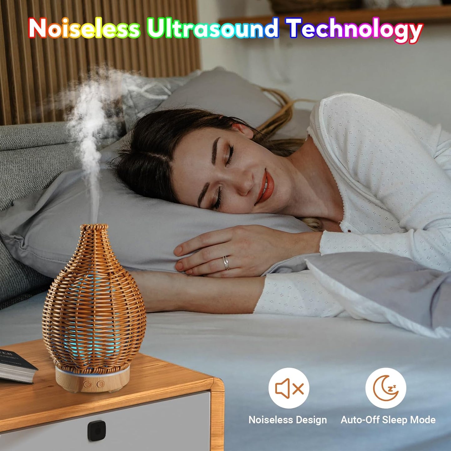 Boho Essential Oil Diffuser for Home Rattan Weaving with Remote Control, 100mL 7 Changing Color Lights Ultrasonic Aroma Humidifier, Noiseless Auto-Off Sleep Mode for Bedroom Office Workout