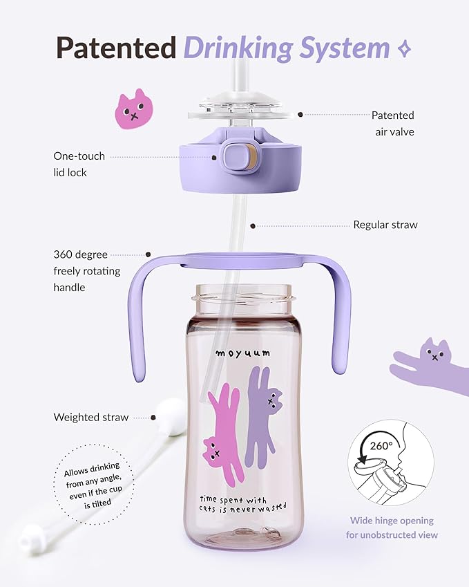 MOYUUM Leak Proof Sippy Cup with Handle | Made in Korea, 100% BPA Free PPSU, Magic No Spill Straw Cup with Attached Flip Top Lid, Easy to Hold for Babies and Toddlers, 9oz Purple