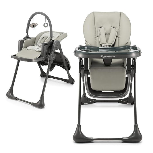 Kinderkraft Tummie, 2-in-1 high Chair, Baby Chair, Ergonomic, Comfortable, Reclining, Foldable, with Ajustable Height, Footrest, Detachable Tray, for Toddler, with Toys, Gray