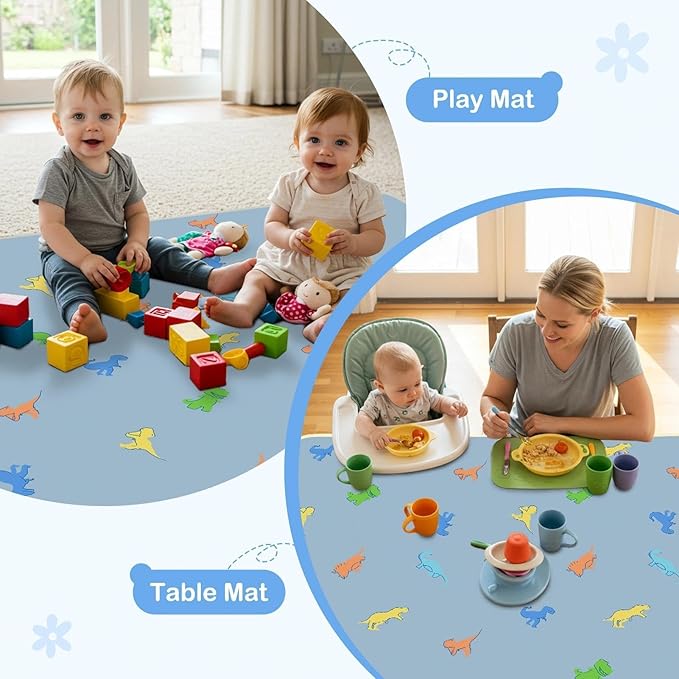 Splat Mat for Under High Chair 42 x 42 Inch Waterproof Baby Splash Mat with Non Slip Bottom Reusable Portable Highchair Mat for Floor Food Catcher for High Chair, Blue Dinosaur