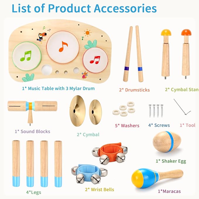 WINYGZ Toddler Drum Set – 11 in 1 Kids Musical Instruments with Resonant Drums, Cymbals, Maracas, Wrist Bells & More, Wooden Montessori Music Table for Ages 1-6