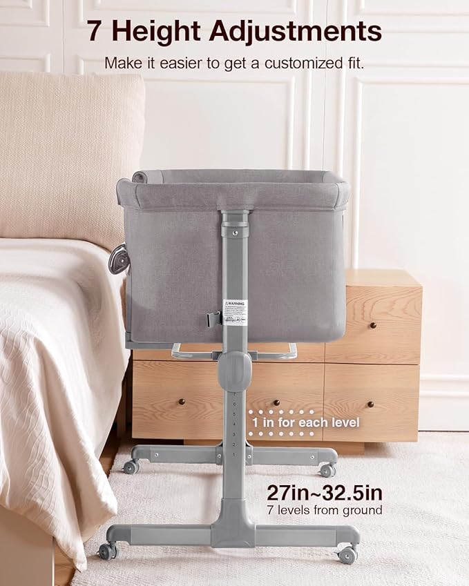 Larex Baby Bassinet, 3 in 1 Bassinets Bedside Sleeper for Newborn, Portable Crib Adjustable 7 Height Bedside Bassinet with Mattress and Wheels Light Grey