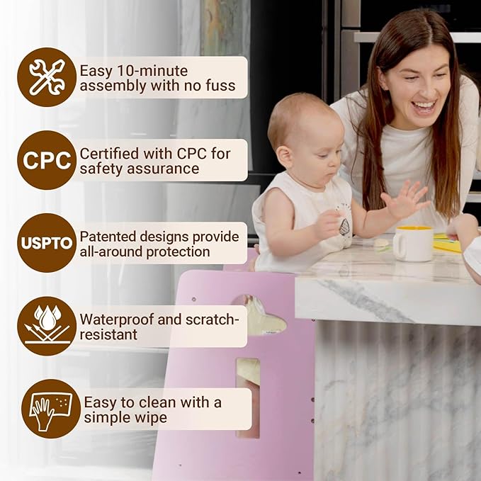 COSYLAND Toddler Standing Tower Adjustable Height - Super Stable Kids Kitchen Stool Helper - 3 Levels Adjustable Wooden Toddler Kitchen Stool (Natural & Pink)