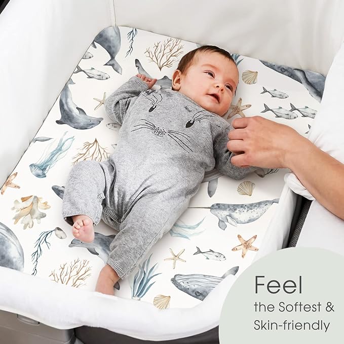 GRSSDER Stretchy Ultra Soft Fitted Bassinet Sheets Set 2 Pack, Cradle Sheet Universal Fit for Rectangle, Oval, or Hourglass Bassinet Pad/Mattress Safe and Snug, Stylish Cute Whale Sea Worl for Baby