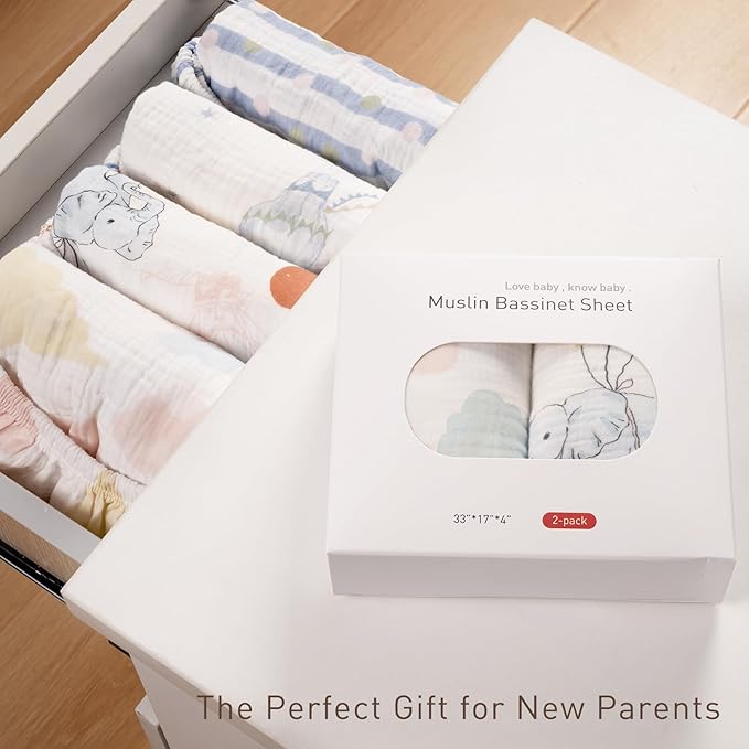 Muslin Bassinet Fitted Sheets, 2 Pack for Baby Boy and Girl, Soft Breathable Baby Pad/Mattress Sheet, Fit for Hourglass Oval and Rectangle Bassinet Mattress (Cute Animals)